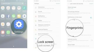 Launch **Settings** from the home screen or app drawer, tap Lock screen and security, tap Fingerprints.