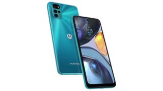 Moto G22 front and back in Iceberg Blue
