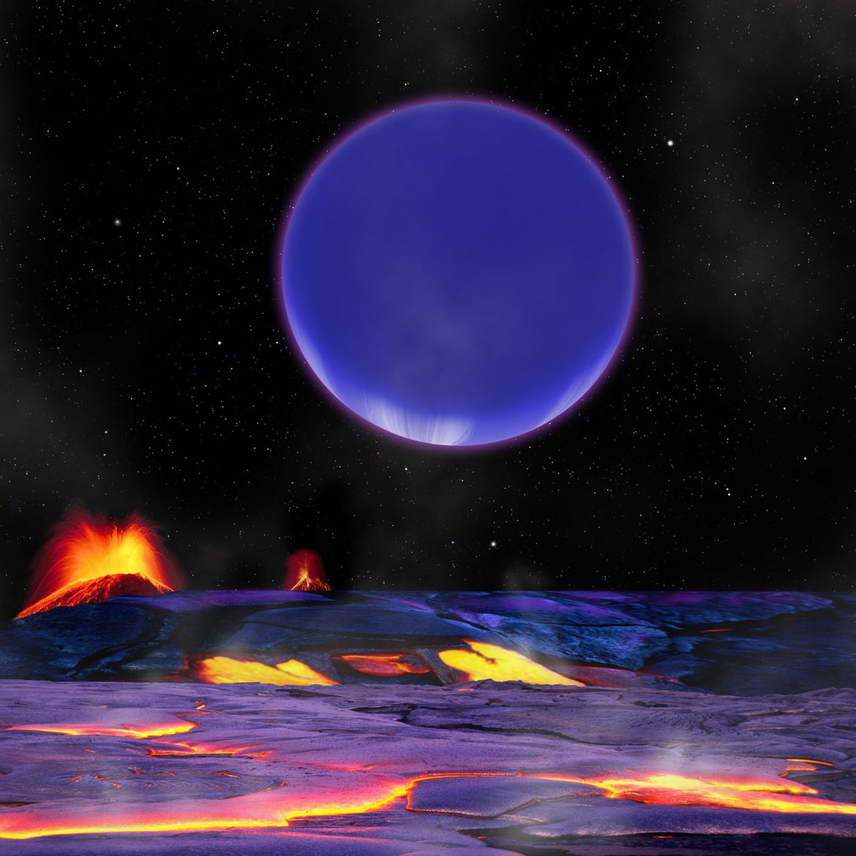 Illustration of a lava-covered alien planet with another planet looming overhead