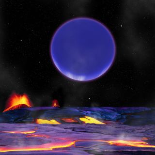 Illustration of a lava-covered alien planet with another planet looming overhead