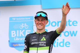 Serge Pauwels on the Tour de Yorkshire podium after winning the final stage