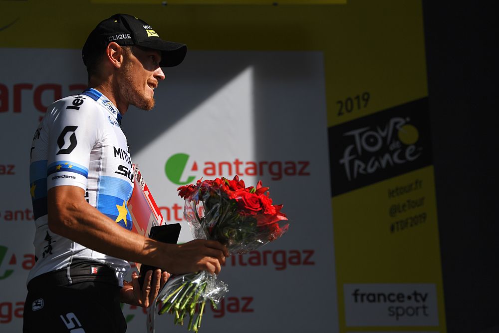 Matteo Trentin (Mitchelton-Scott) celebrates a solo victory on stage 17 at the Tour de France