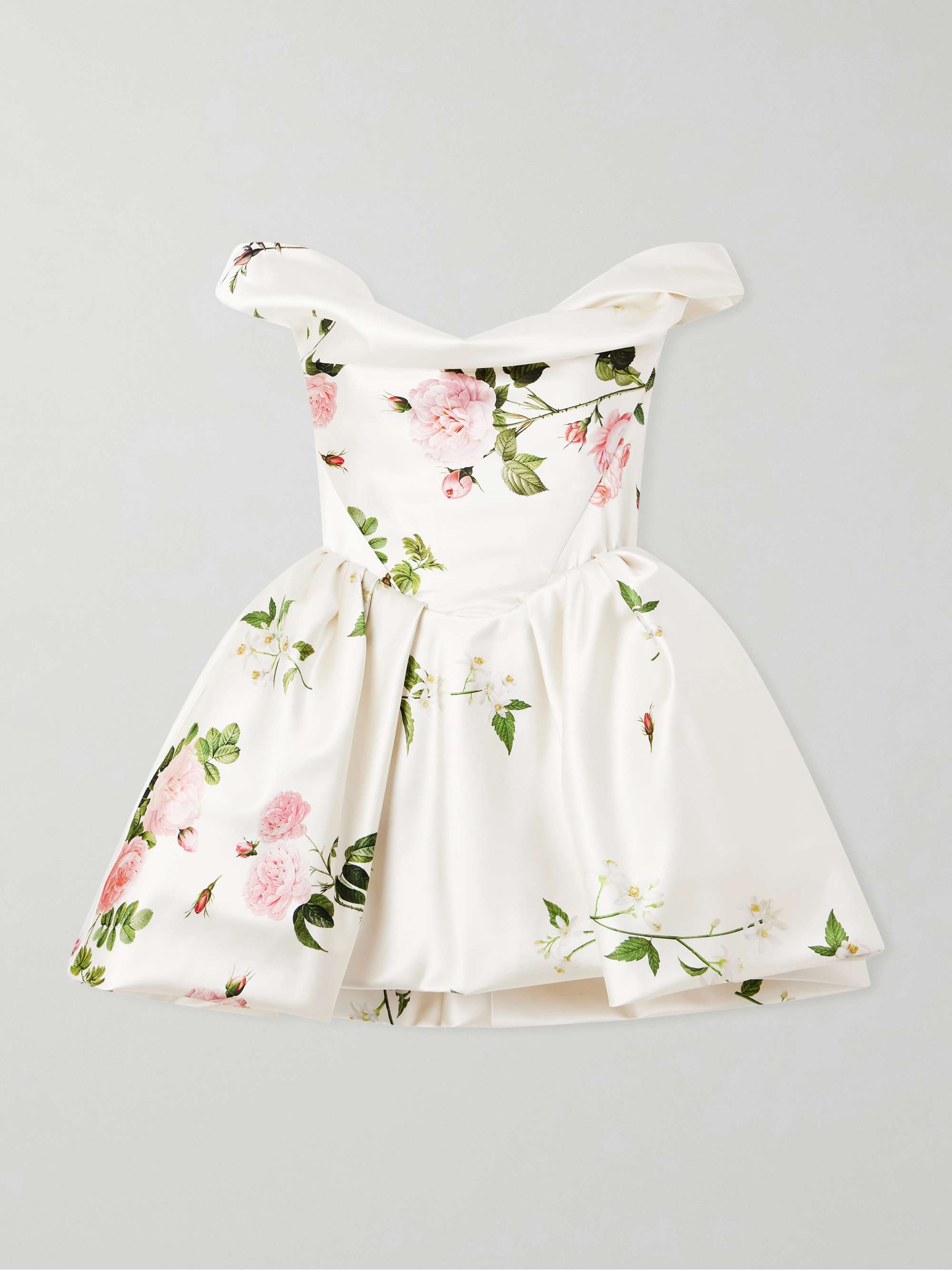 Bagatelle Off-the-Shoulder Gathered Floral-Print Duchess Silk-Satin Mini Dress