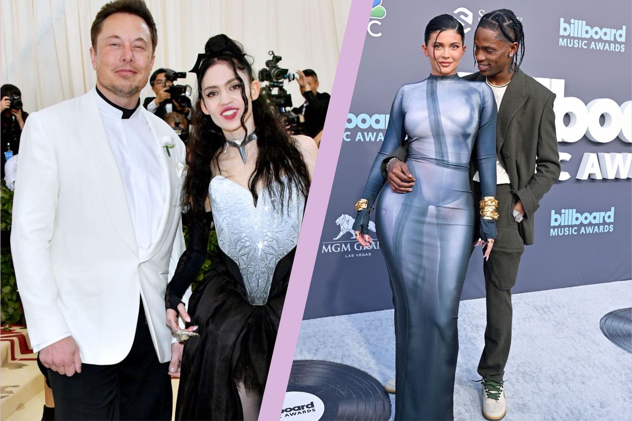 a split template of Elon Musk and Grimes and Kylie Jenner and Travis Scott who both changed their baby&#039;s names.