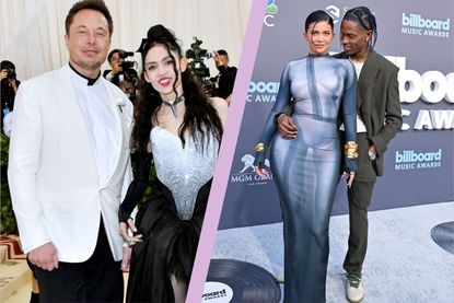 a split template of Elon Musk and Grimes and Kylie Jenner and Travis Scott who both changed their baby's names.