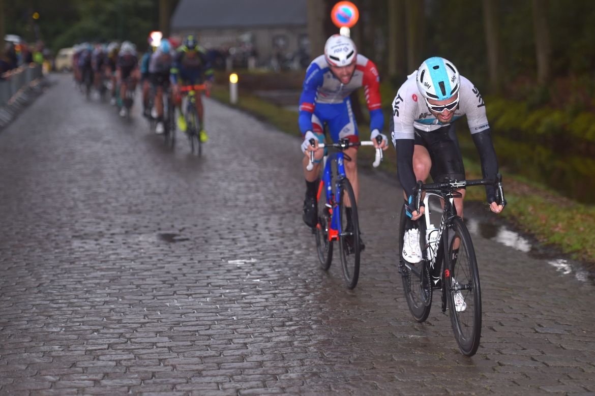 Owain Doull (Team Sky) attacks on the cobbles
