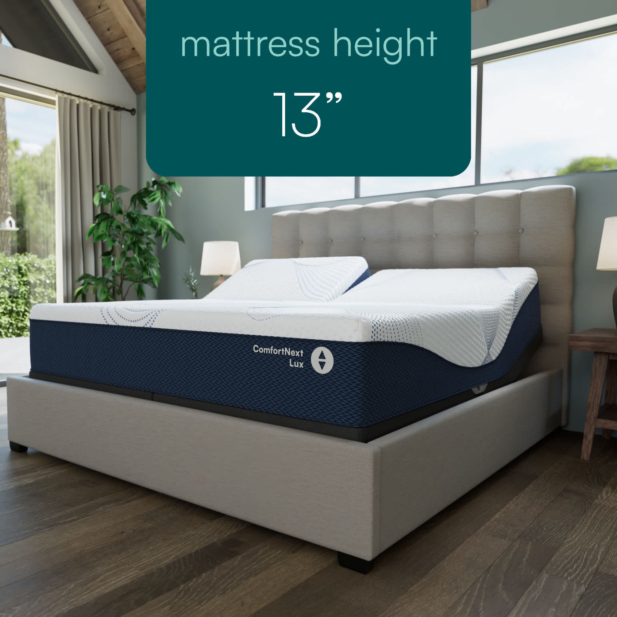 Sleep Number ComfortNext Lux mattress on a cream bed in a pale green bedroom with dark wood flooring