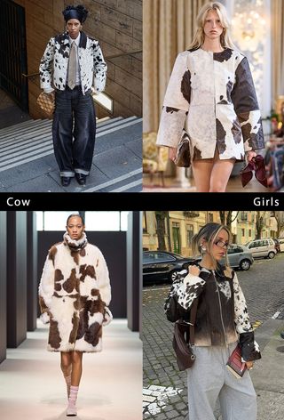 Winter print trends of 2024 are shown in a collage of runway and street-style images of women wearing the leopard print trend. Specifically, on the top left, a woman is wearing a cowhide jacket over a white button-down shirt styled with a tan tie, barrel-leg jeans, and loafers. On the top right,t a model is wearing a cowhide jacket and carrying red pumps on Gestuz's spring 2025 runway. On the bottom right, a woman is wearing a cowhide jacket with sweatpants. On the bottom left a model is wearing a cow print fur coat with pink socks and pink ballet flats on COS's fall runway