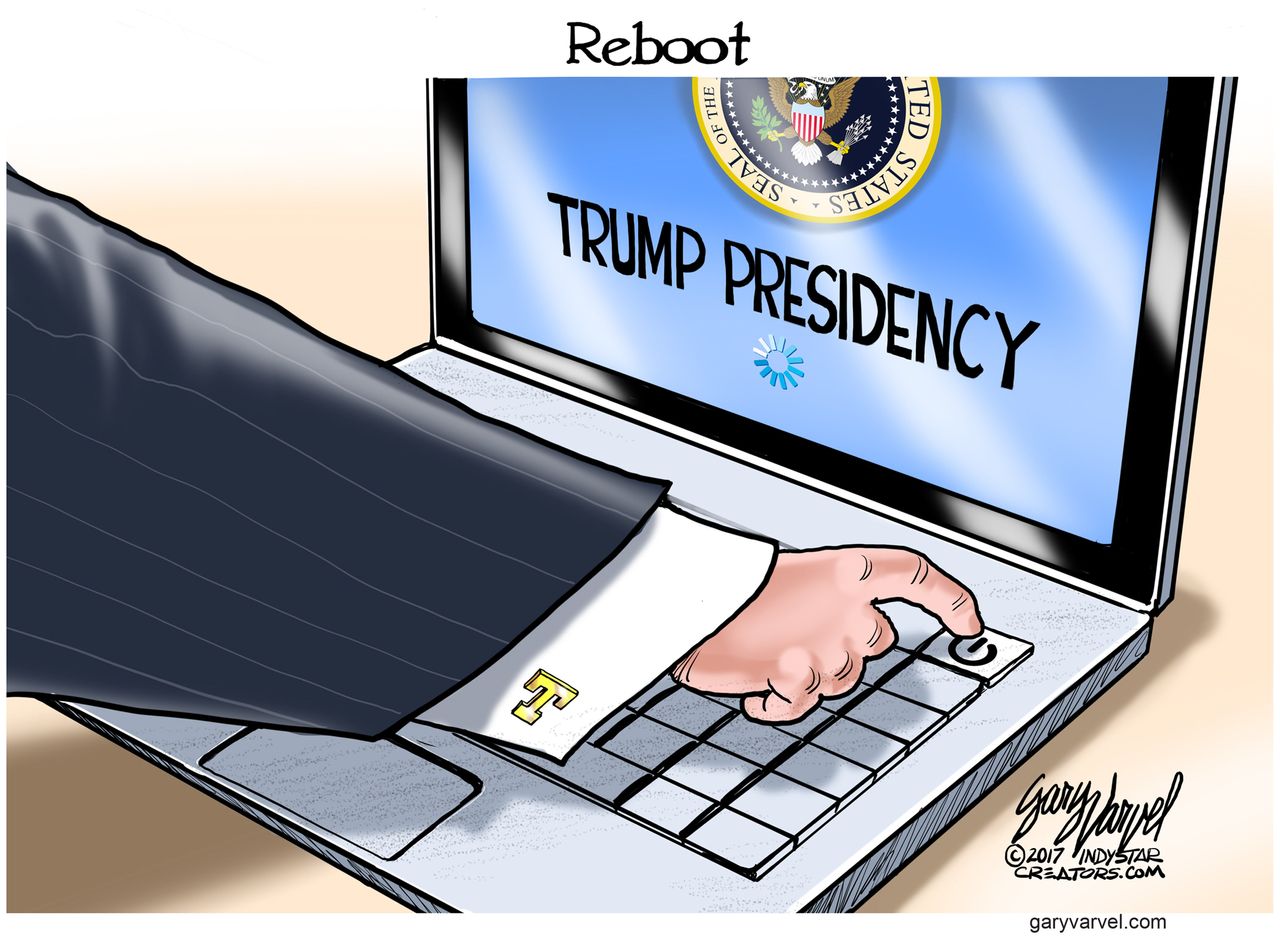 Political Cartoon U.S. President Trump joint address reboot button presidency