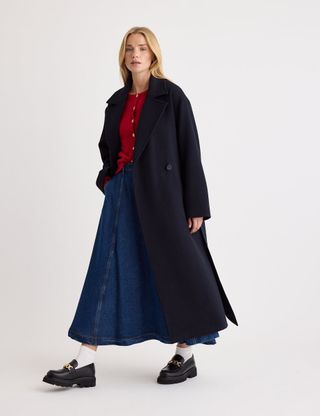 Oversized Navy Belted Wool Blend Coat