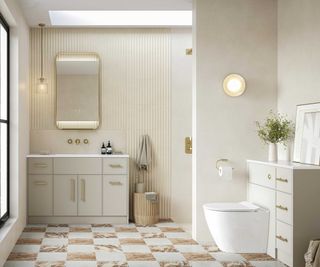 white bathroom with chequerboard flooring and wall hung toilet