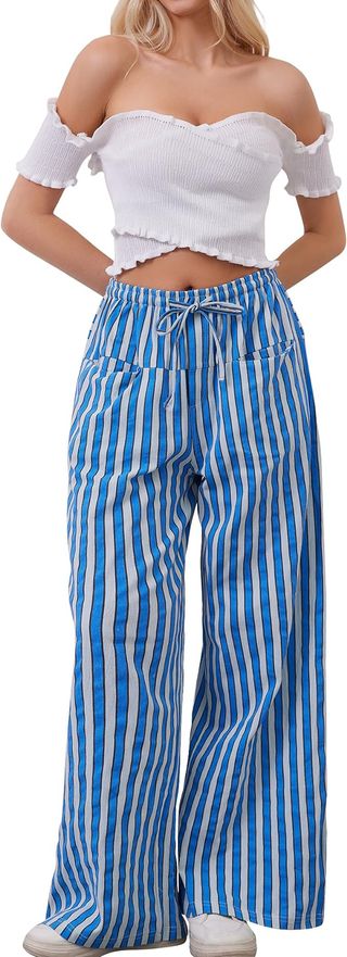 Aihukocy Women Drawstring Stripe Wide Leg Casual Trousers Striped Low Rise Casual Loose Lounge Pants With Pockets Blue