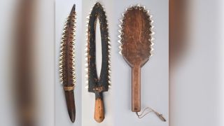 An ancient Kiribati knife and two hand-held weapons from Hawai'i, all three adorned with shark teeth.