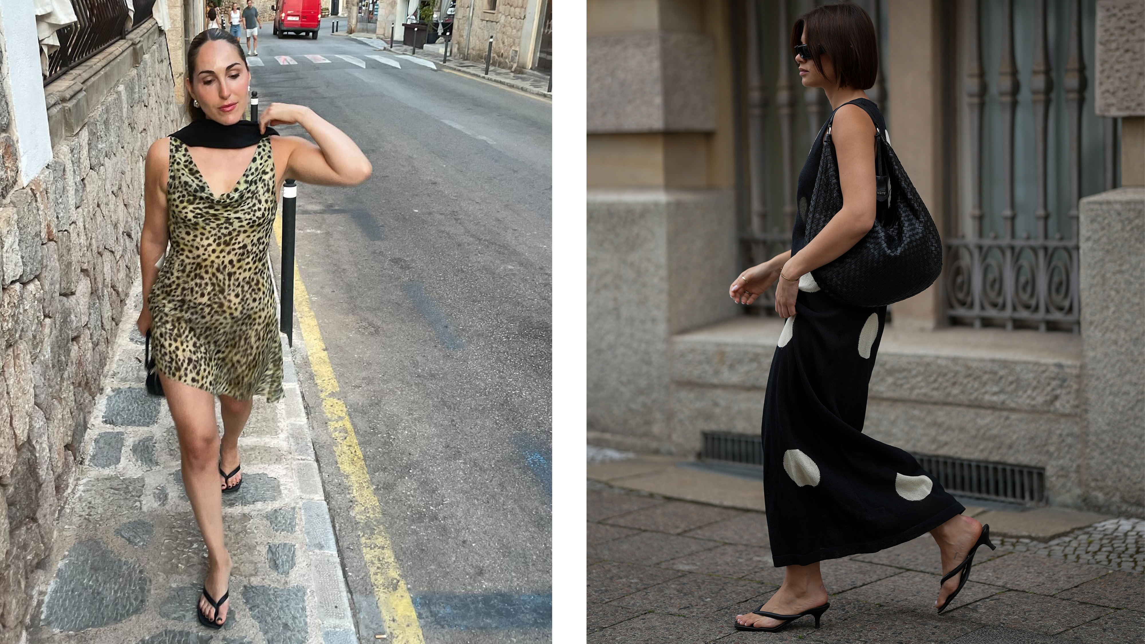 A collage of two women wearing dresses with black kitten heel flip flop sandals.