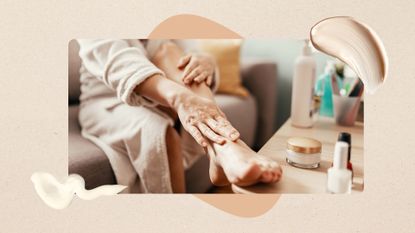 Image of someone applying product to legs and feet, on a beige background with orange detail with cream swatches
