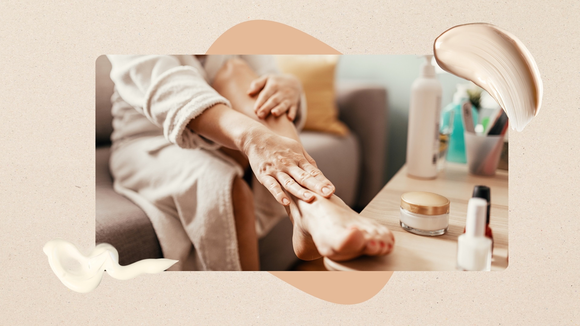 Image of someone applying product to legs and feet, on a beige background with orange detail with cream swatches