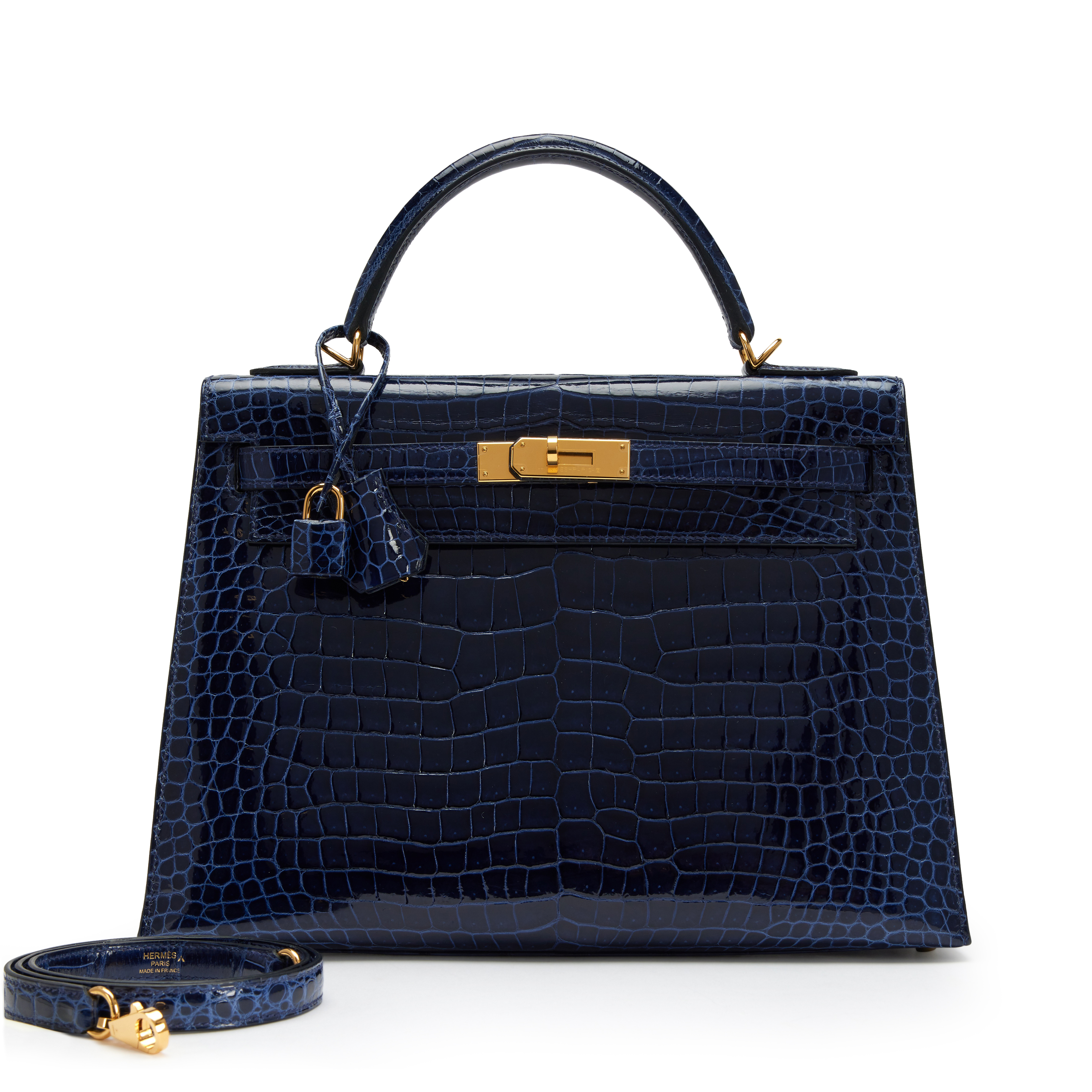 Bleu Saphir Shiny Porosus Crocodile Sellier Kelly 32 Gold Hardware, 2019
