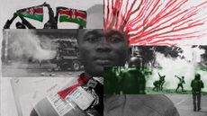 Photo collage of Collins Jumaisi Khalusha, overlaid with various pictures of the protests in Nairobi, a photo of evidence bags, and a blood spatter.