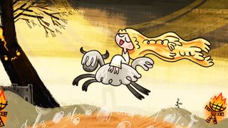 Animation still of a young boy cheerfully riding a horse in a golden field with cartoonish characters in the background