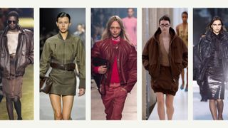 A composite of models on the runway wearing coat trends 2023 bomber jackets
