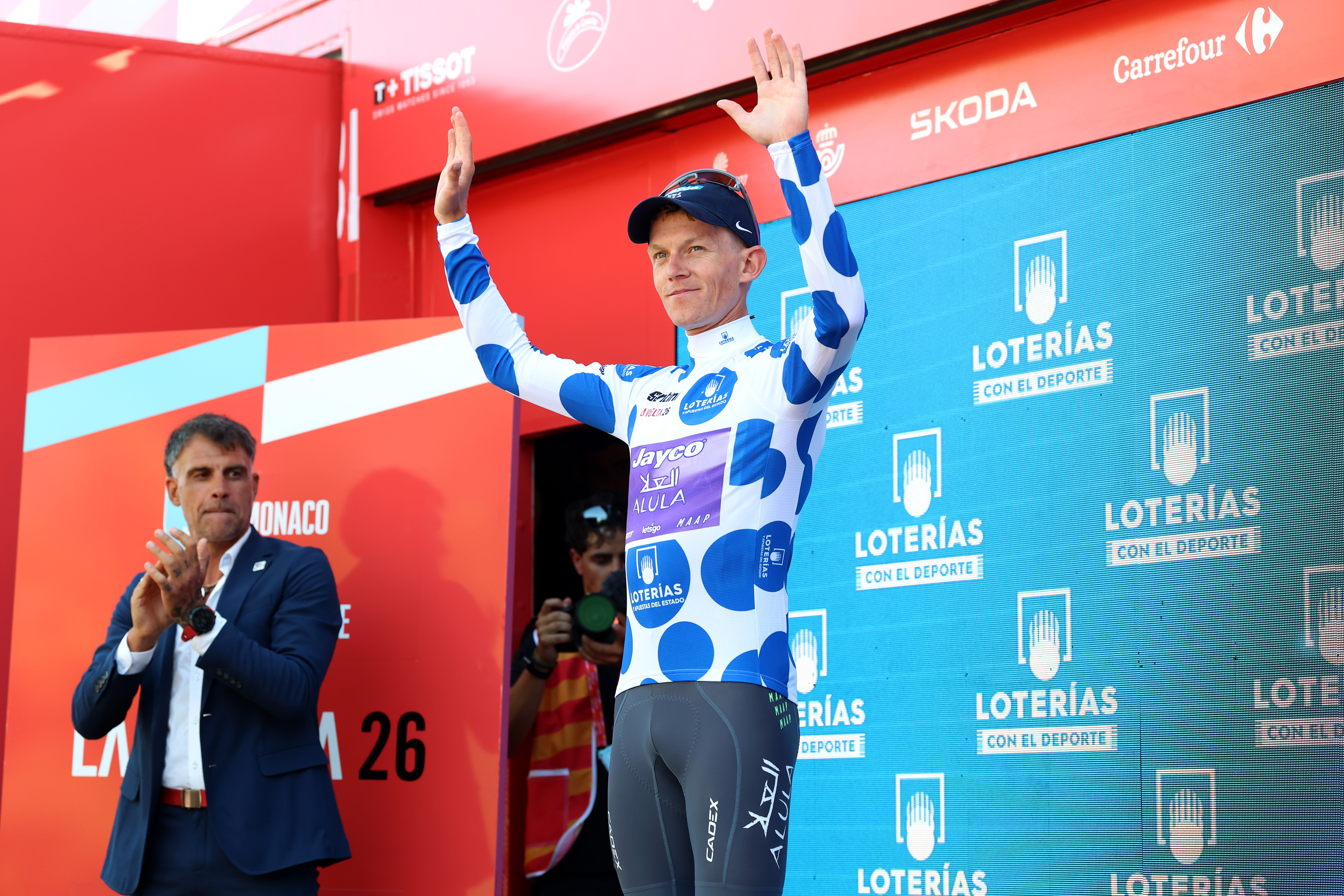 MANOSQUE, MONACO - AUGUST 23: Koen Bouwman of Netherlands and Team Jayco AlUla celebrates at podium as Polka dot Mountain Jersey winner during the La Vuelta - 81st Tour of Spain 2026, Stage 2 a 214.3km from Monaco to Manosque 408m / #UCIWT / on August 23, 2026 in Manosque, Monaco. (Photo by Alexander Hassenstein/Getty Images)
