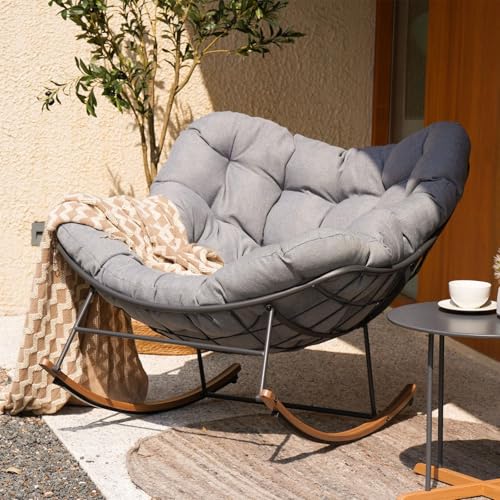 Grand Patio Outdoor Rocking Chair, Oversized Papasan Rocking Chair With Thick Cushion, Indoor Outdoor Cozy Rocker for Balcony, Living Room, Patio, Gray