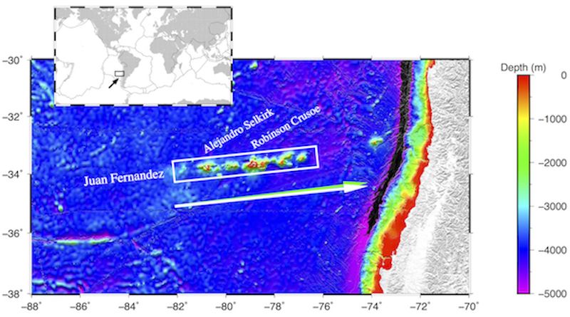 The Juan Fernandez Chain (outlined by the white rectangle) on the Nazca Plate west of Chile was formed by a hot spot now at the western end of the chain as the Nazca moved east-northeast relative to the hotspot forming the chain that includes Alejandro Se