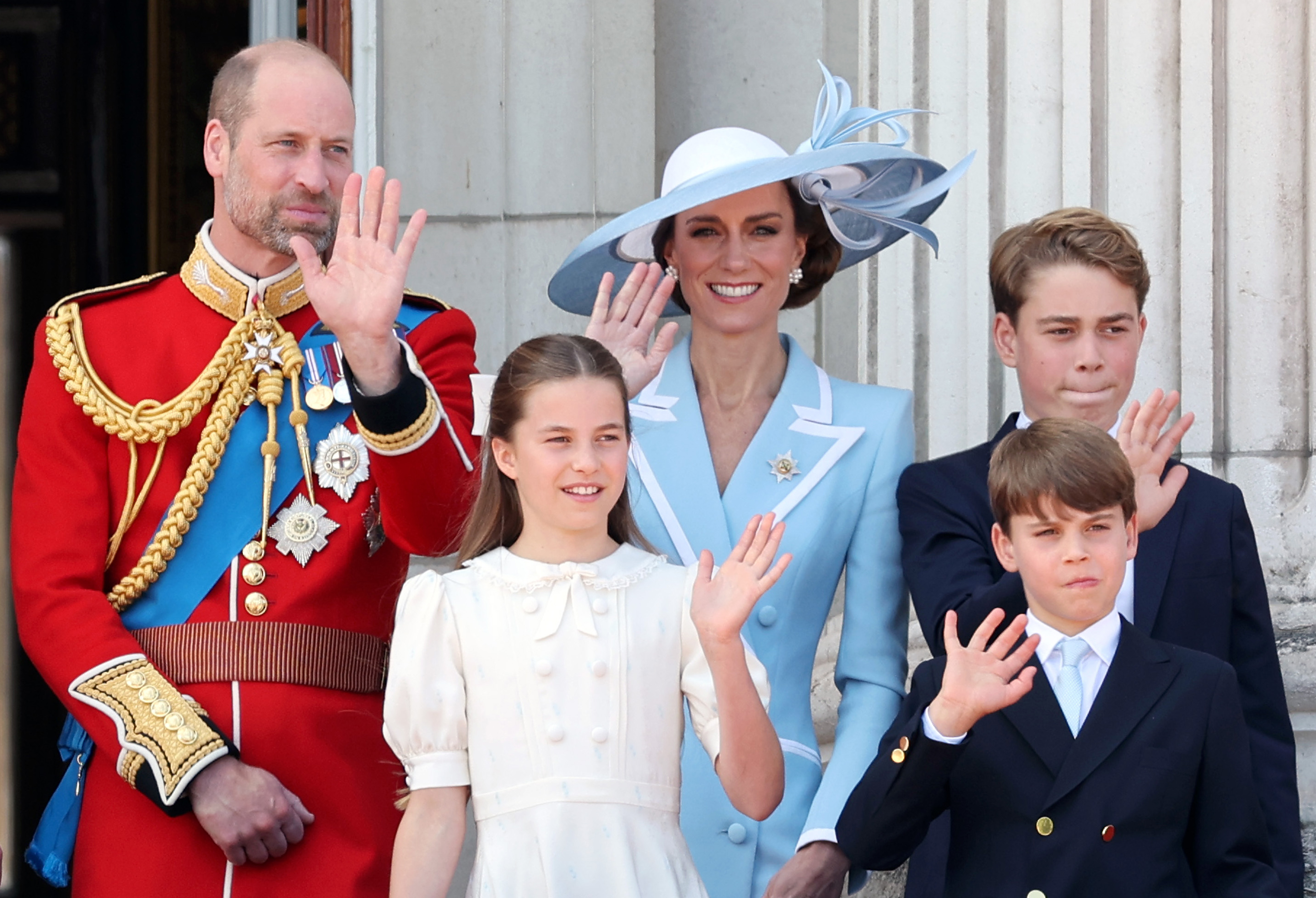 Prince William, Princess Kate, Princess Charlotte, Prince George and Prince Louis waving at Trooping the Colour
