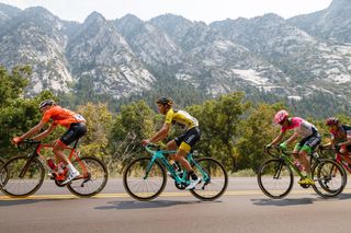 Mountains form the backdrop for Sepp Kiss and the GC contenders on their way to Snowbird Resort in Utah