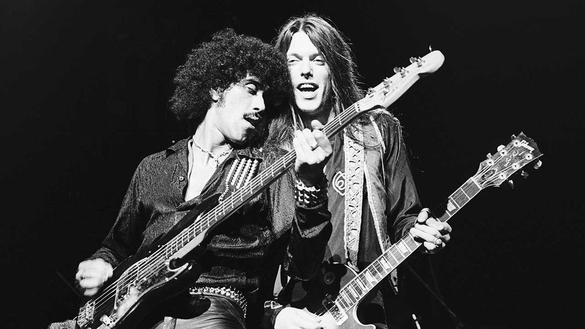 Phil Lynott and Scott Gorham onstage at Hammersmith Odeon, London, in 1978