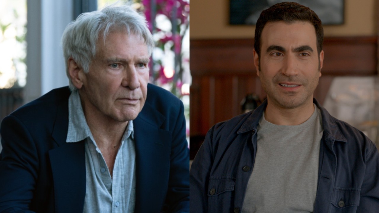From left to right: Harrison Ford almost scowling and Brett Goldstein hesitantly smiling, they're both in Shrinking.