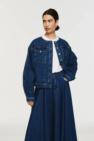 ALIGNE, Moto Collarless Denim Jacket