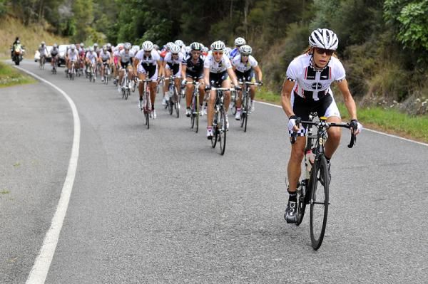 Rachel Larner of Team MINI sets the pace up the early climbs.