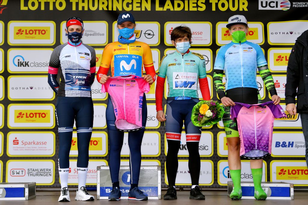 SCHLEIZ GERMANY MAY 27 Lucinda Brand of Netherlands and Trek Segafredo stage winner jersey Emma Norsgaard Jorgensen of Denmark and Movistar Team yellow leader jersey Kathrin Hammes of Germany and Ceratizit WNT Pro Cycling Team green mountain jersey Helena Bieber of Germany and Team RSG Giessen Biehler blue most active rider jersey celebrates at podium during the 34th Internationale LOTTO Thringen Ladies Tour 2021 Stage 3 a 1165km stage from Schleiz to Schleiz ltlt2021 lottothueringenladiestour womencycling on May 27 2021 in Schleiz Germany Photo by Luc ClaessenGetty Images