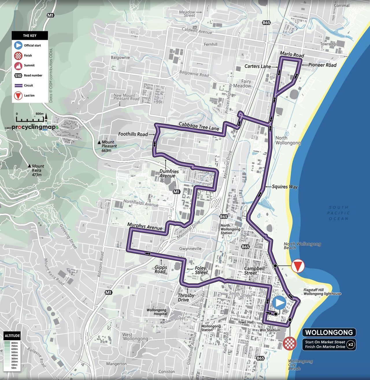 The map of the elite individual time trial course at the UCI Road World Championships Wollongong 2022
