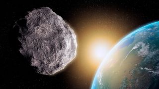An illustration of a large, round asteroid having a close encounter with the blue Earth