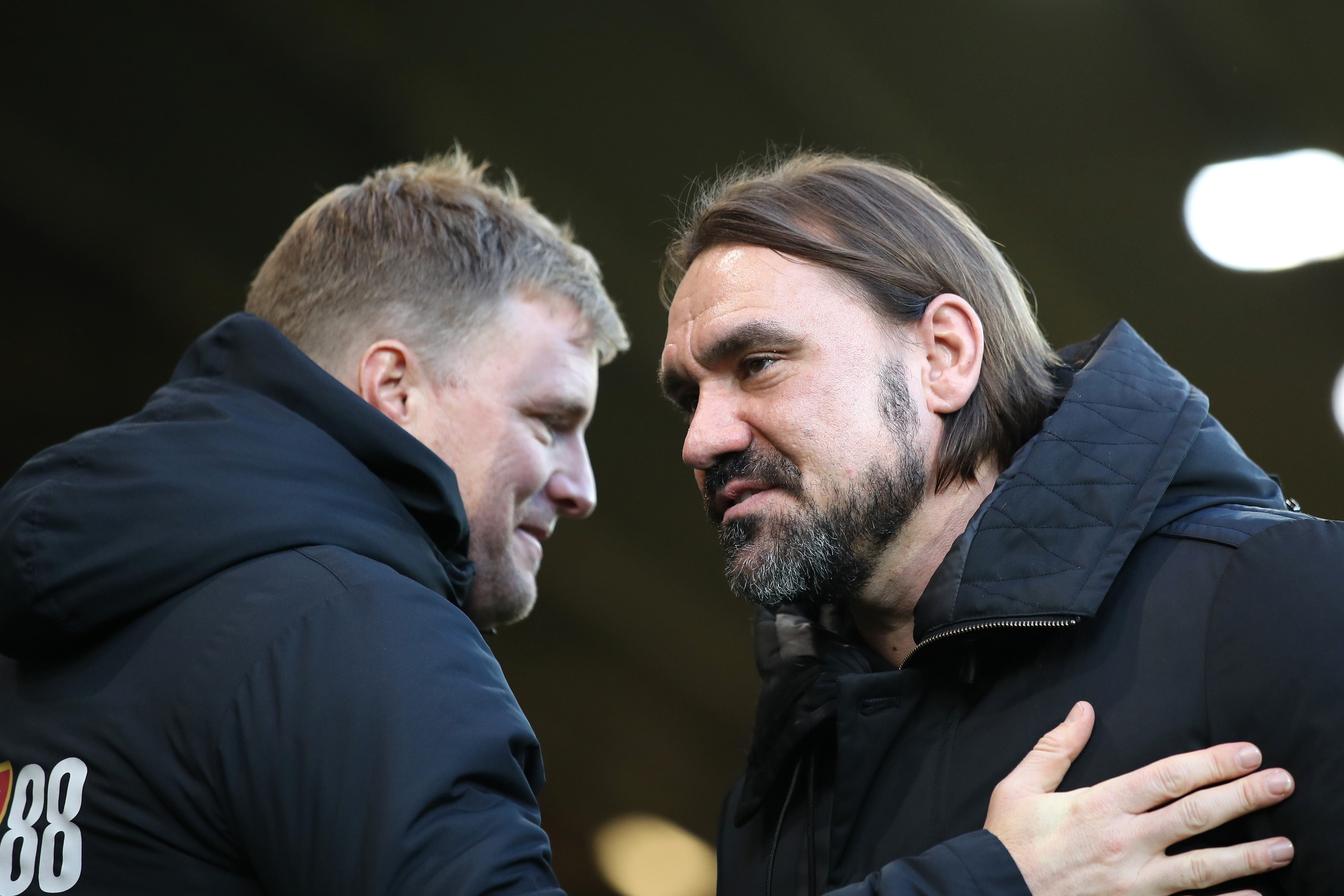 NORWICH, ENGLAND - JANUARY 18: Eddie Howe, Manager of AFC Bournemouth is greeted by Daniel Farke, Manager of Norwich City prior to the Premier League match between Norwich City and AFC Bournemouth at Carrow Road on January 18, 2020 in Norwich, United Kingdom. (Photo by Marc Atkins/Getty Images)