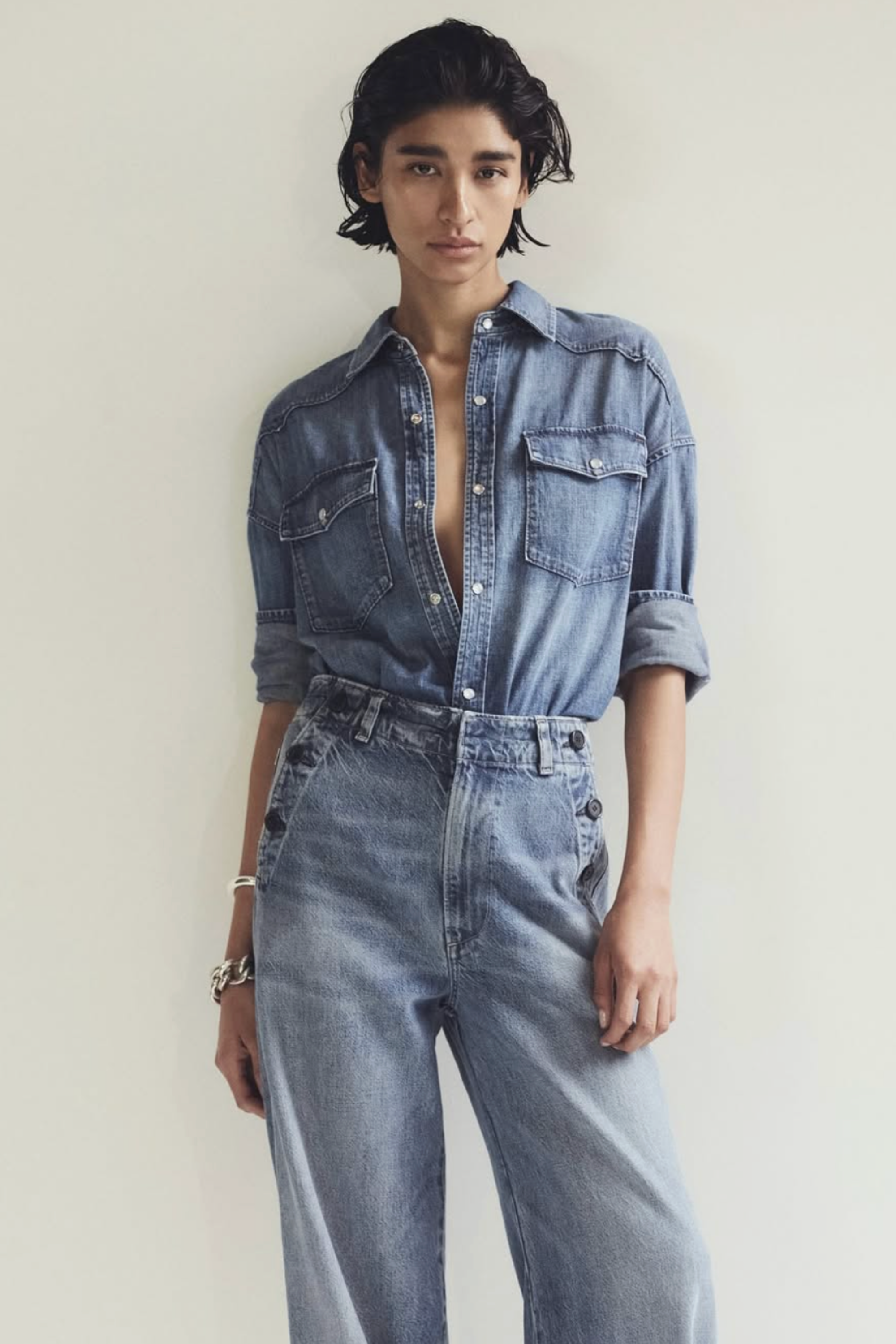 model wears Citizens of Humanity denim set