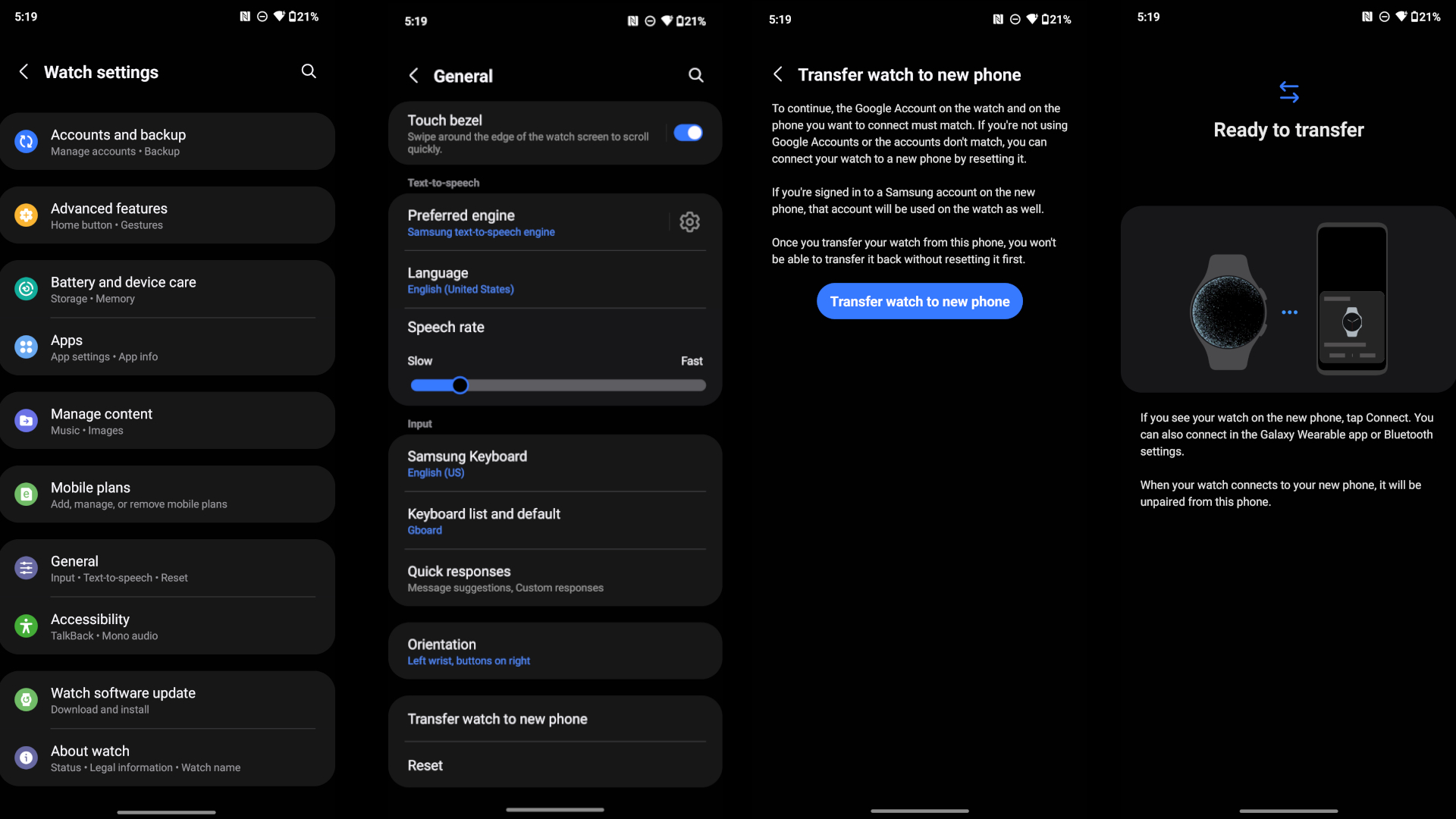 Four Samsung Wearable app screenshots showing the steps for transferring a Galaxy Watch to a new Android phone.