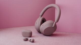 Sony WF-1000XM5 and WH-1000XM5 in smoky pink