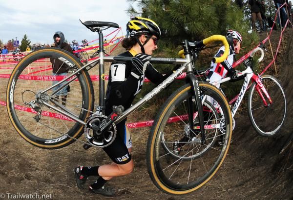 Andrea Smith (Ladies First Racing) is forced to run a steep climb because riders ahead of her dismounted