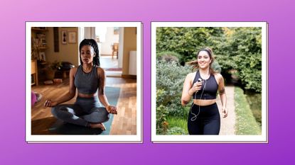 composite image showing two pictures - on the left, a woman doing yoga on a mat, and on the right, a woman running outside by a canal