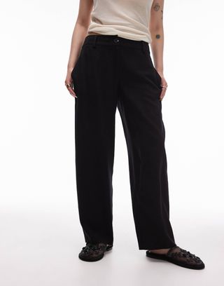 Topshop Petite Low Slung Linen Button Pants in Black