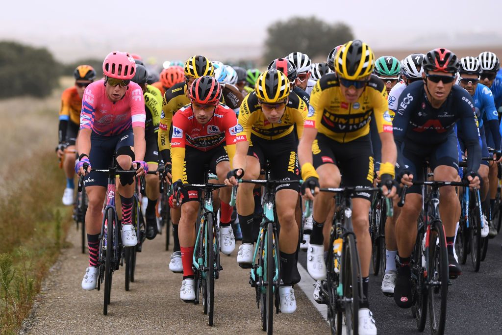 CIUDADRODRIGO SPAIN NOVEMBER 06 Hugh Carthy of The United Kingdom and Team EF Pro Cycling Primoz Roglic of Slovenia and Team Jumbo Visma Red Leader Jersey during the 75th Tour of Spain 2020 Stage 16 a 162km stage from Salamanca to Ciudad Rodrigo lavuelta LaVuelta20 La Vuelta on November 06 2020 in Ciudad Rodrigo Spain Photo by David RamosGetty Images