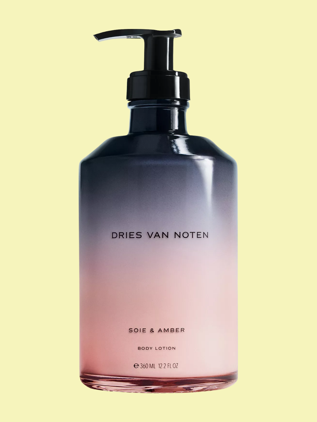A purple and pink bottle of soie and amber scented body lotion from DRIES VAN NOTEN