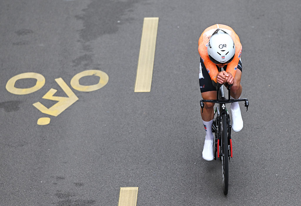 GENEVA SWITZERLAND MAY 04 Jay Vine of Australia and UAE Team Emirates XRG Orange Points Jersey competes during the 78th Tour De Romandie 2025 Stage 5 a 171km individual time trial stage from Geneve to Geneve UCIWT on May 04 2025 in Geneva Switzerland Photo by Dario BelingheriGetty Images