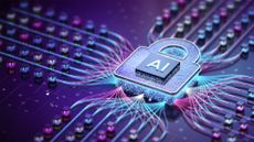 AI security concept image showing a digitized padlock symbol with 'AI' symbol, connected to data points with multi-colored data flows emanating from each point.