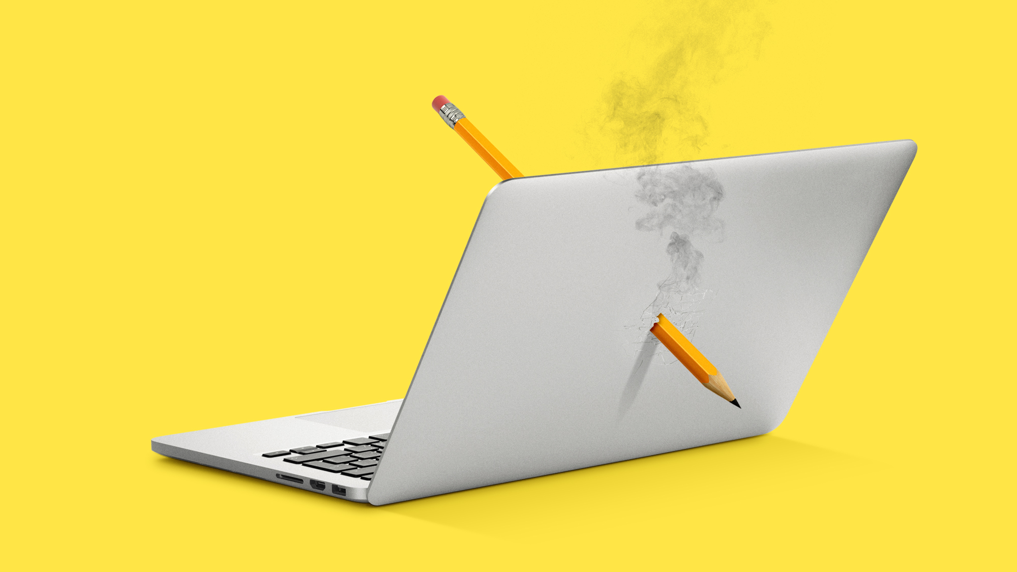 Illustration of a laptop computer with a pencil stabbed through the screen