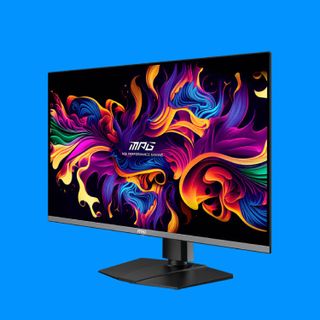 MSI MPG 321URX gaming monitor on a blue background