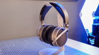 Audeze LCD-S20 gaming headset on a desk with the planar magnetic drivers on show.